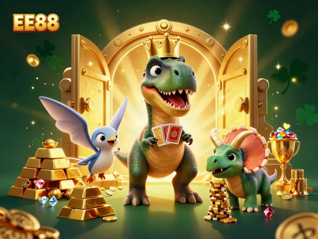Experience thrilling fun with EE88, featuring a playful dinosaur trio amidst a treasure-filled casino backdrop.