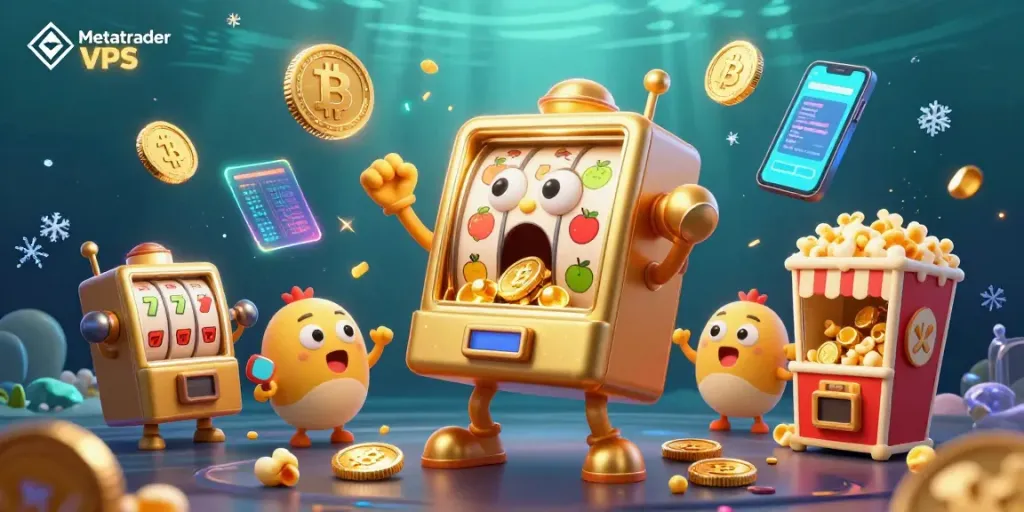 Spin the reels on Metatrader VPS with golden slot machines cheering and crypto coins flowing.