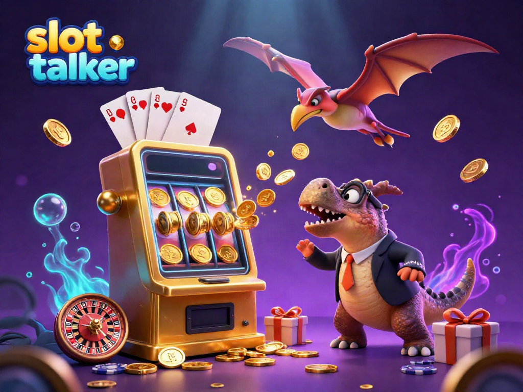 Exciting scene with slot talker characters interacting; a pachycephalosaurus hits the jackpot, creating a gold coin eruption.