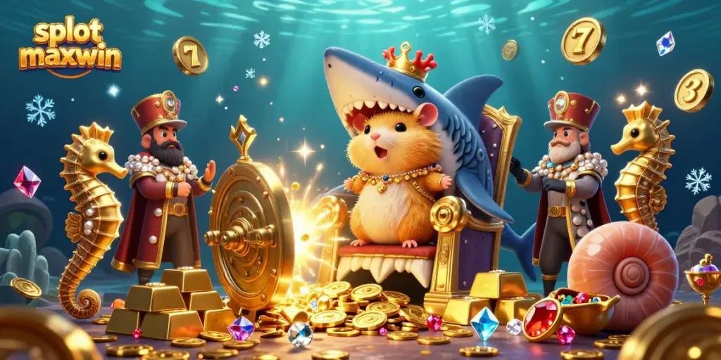 Experience the excitement of slot maxwin with a golden hamster king amidst vivid casino treasures and playful slot elements.