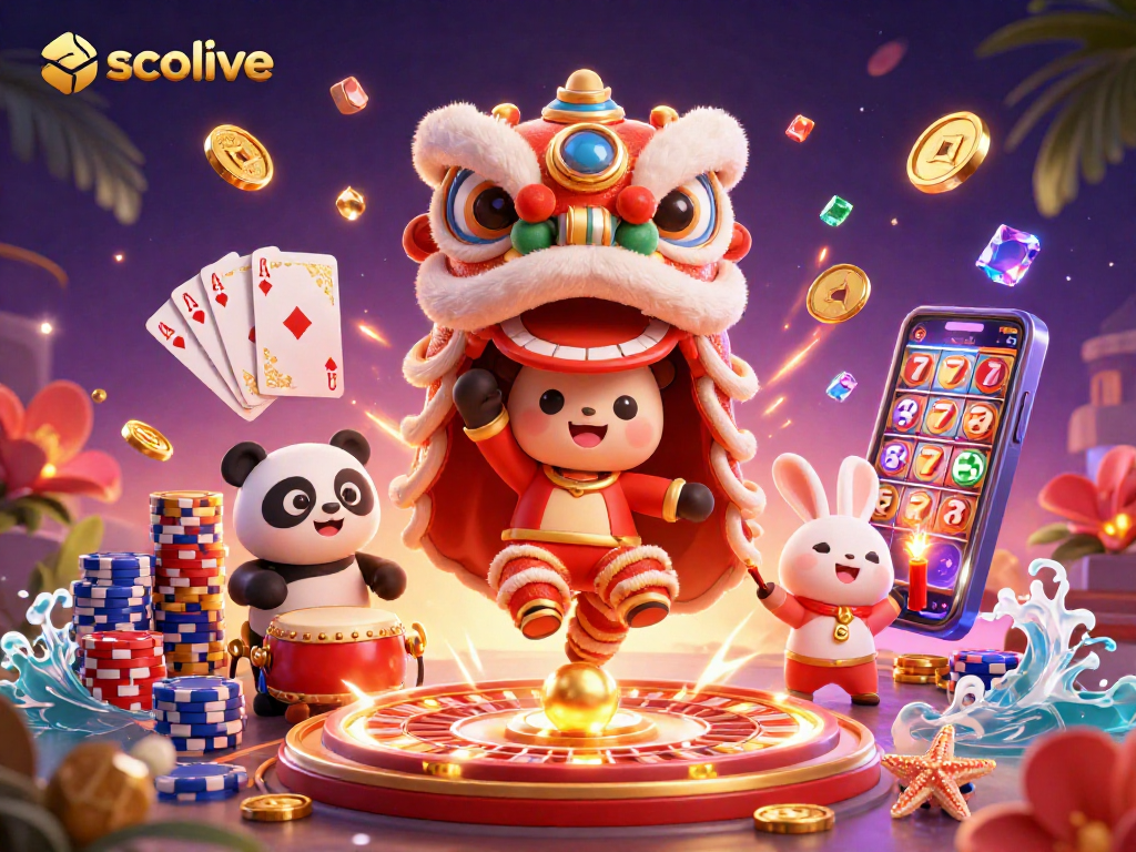 Socolive showcases a vibrant 3D illustration featuring a lion dance amidst swirling gem stones, symbolizing a lively gambling experience.