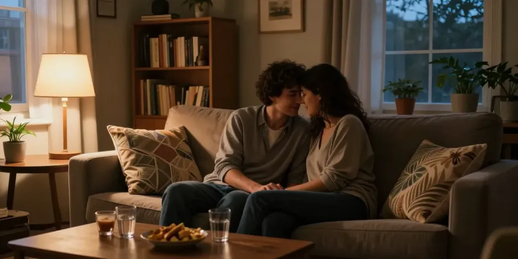 لقطة حميمة لزوجين يجلسان في غرفة معيشة دافئة يتناولان سكس محارم، مع إضاءة خافتة وأجواء حميمية.