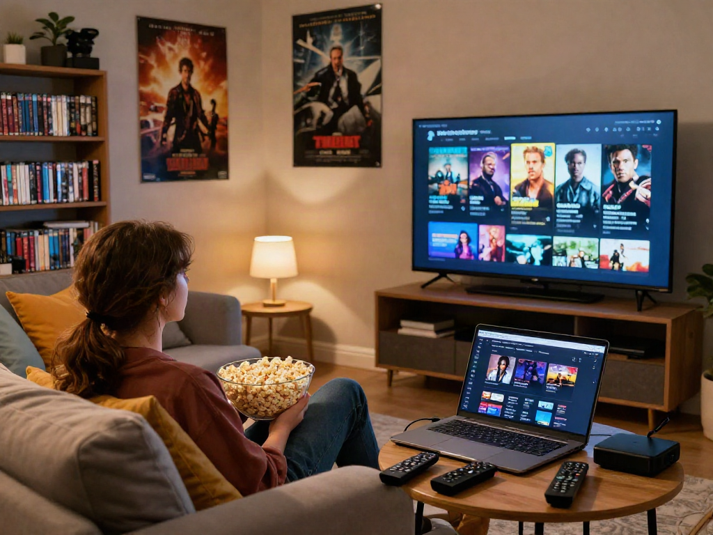 Moviebox user enjoying a cozy home theater experience, watching movies with popcorn and ambient lighting.
