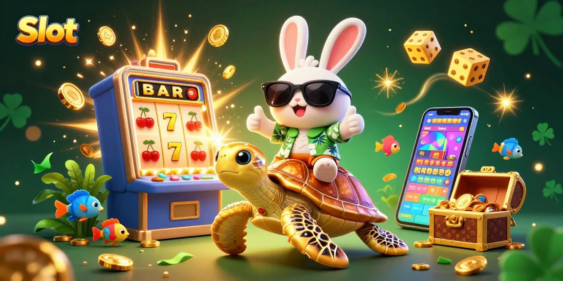 Spin the Slot jackpot with a cheerful rabbit and golden turtle in vibrant 3D scene.