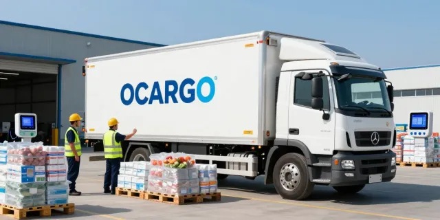 Tiefkühltransport in Deutschland mit OCARGO-Lkw an einem modernen Verteilzentrum, umgeben von temperaturkritischen Waren.