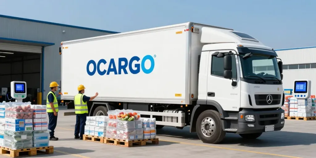 Tiefkühltransport in Deutschland mit OCARGO-Lkw an einem modernen Verteilzentrum, umgeben von temperaturkritischen Waren.
