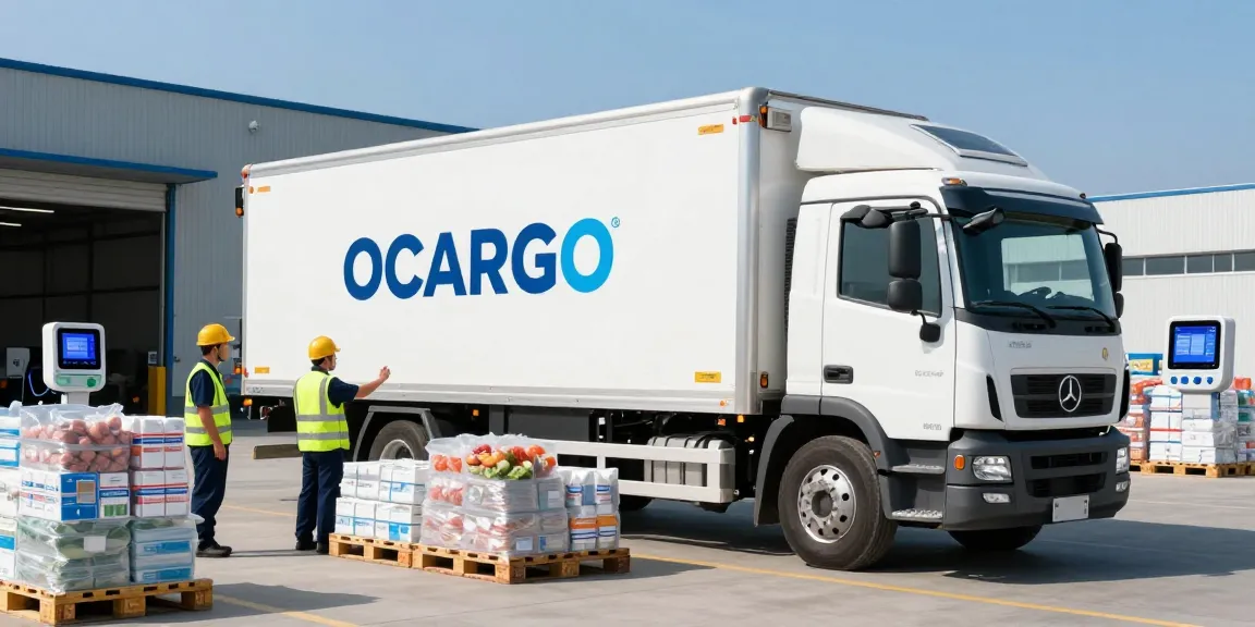 Tiefkühltransport in Deutschland mit OCARGO-Lkw an einem modernen Verteilzentrum, umgeben von temperaturkritischen Waren.