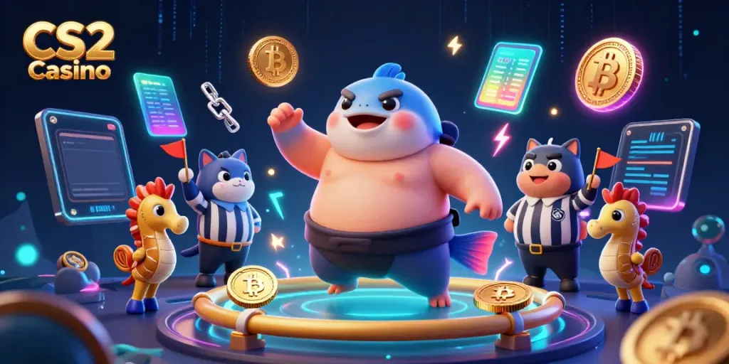 A lively scene of a CS2 Casino underwater tournament featuring a puffed fugu and catfish referee amidst cryptocurrency graphics.