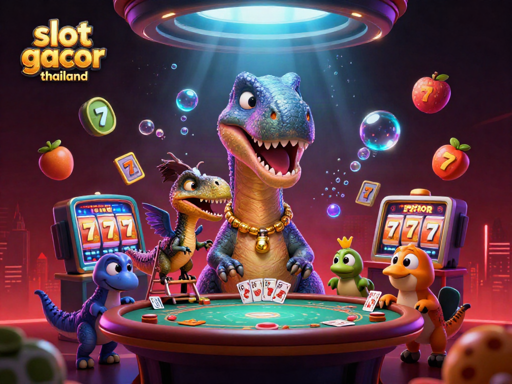 Engage with slot gacor thailand through a vibrant casino scene featuring a playful brontosaurus and clever raptor.