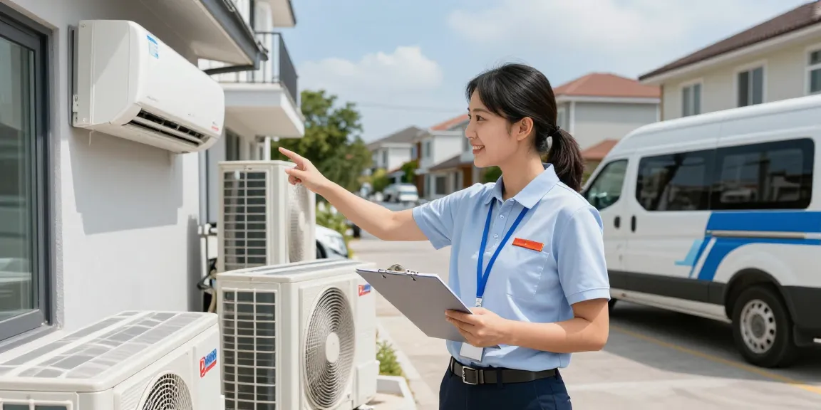 شراء مكيفات مستعملة بالرياض في موقع سكني مع مندوب مبيعات يفحص المكيفات القديمة.