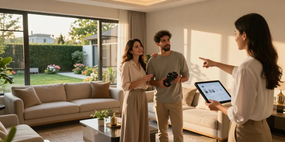 Couple viewing a property during golden hour, highlighting modern living space and inviting atmosphere.