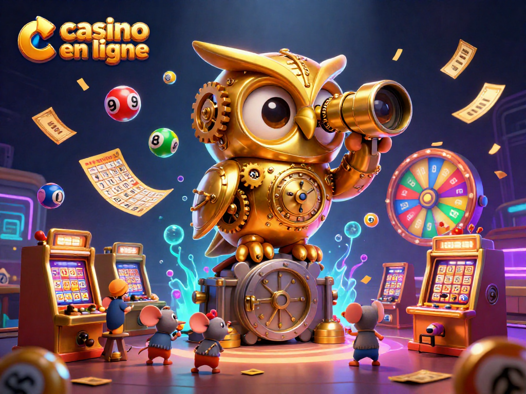 Découvrez les jeux de casino en ligne avec une image dynamique de l'hibou doré et des éléments festifs.