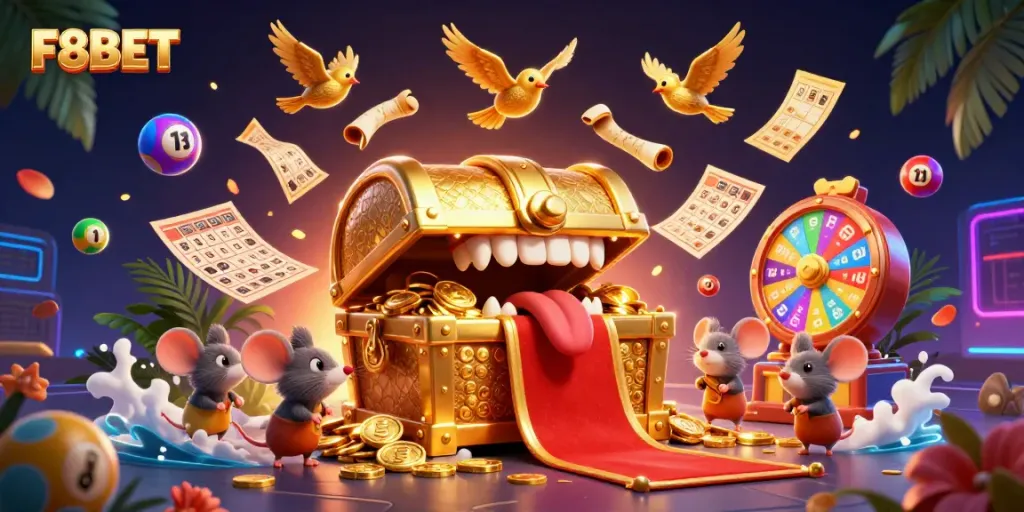 Engage with F8BET and experience riches with dynamic gambling fun in a colorful casino illustration.