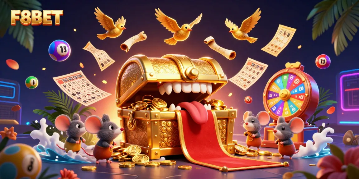 Engage with F8BET and experience riches with dynamic gambling fun in a colorful casino illustration.