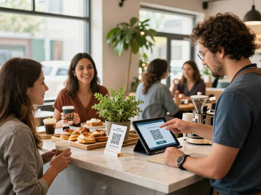 Engaged café owner demonstrating loyalty software to customers scanning QR codes for rewards.