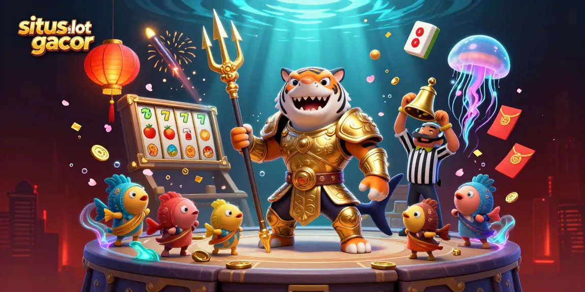 Engage in situs slot gacor action with a dynamic underwater casino scene featuring a tiger shark gladiator.