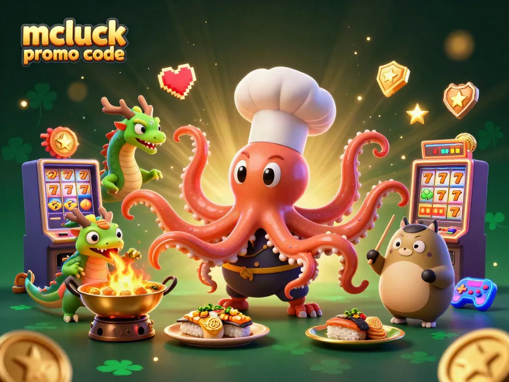 Engage with the exciting mcluck promo code scene showcasing an animated sushi chef octopus and a dragon in a vibrant casino atmosphere.