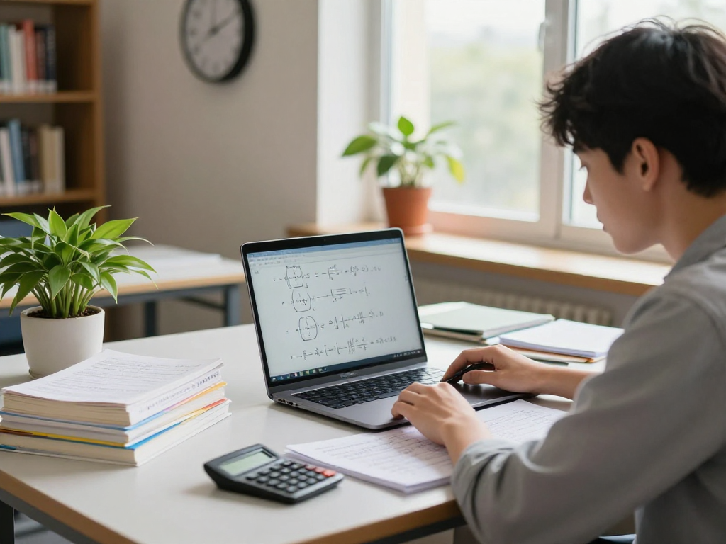 Focused student studying physics tuition with textbooks and laptop in a bright educational setting.