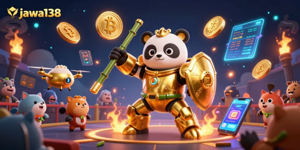 Engage in thrilling gameplay at jawa138, featuring vibrant 3D illustration of a golden panda piloting a robot.
