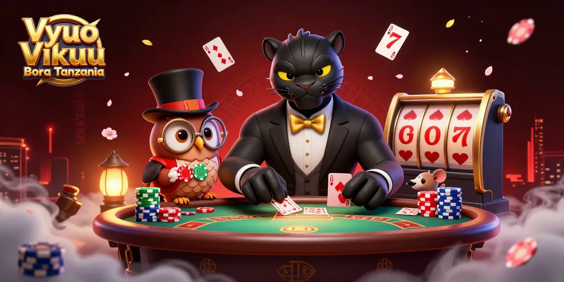 Engaging scene with Vyuo Vikuu Bora Tanzania showcasing a stylish panther dealing poker cards, enhancing gaming excitement.