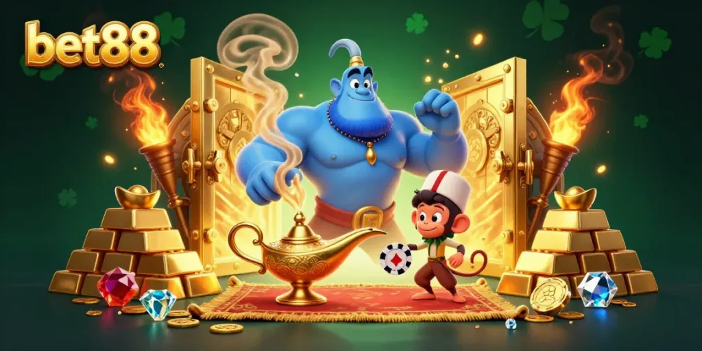 Experience the thrill of bet88 with a magical 3D casino scene featuring a genie, jewels, and riches.