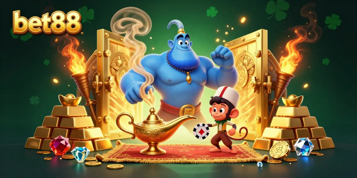 Experience the thrill of bet88 with a magical 3D casino scene featuring a genie, jewels, and riches.