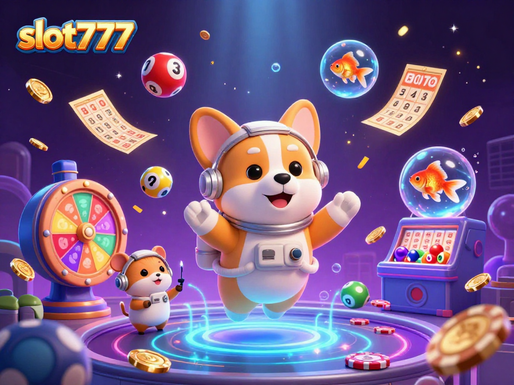 Experience the excitement of slot777 with a vibrant casino scene featuring gaming elements and fun characters.