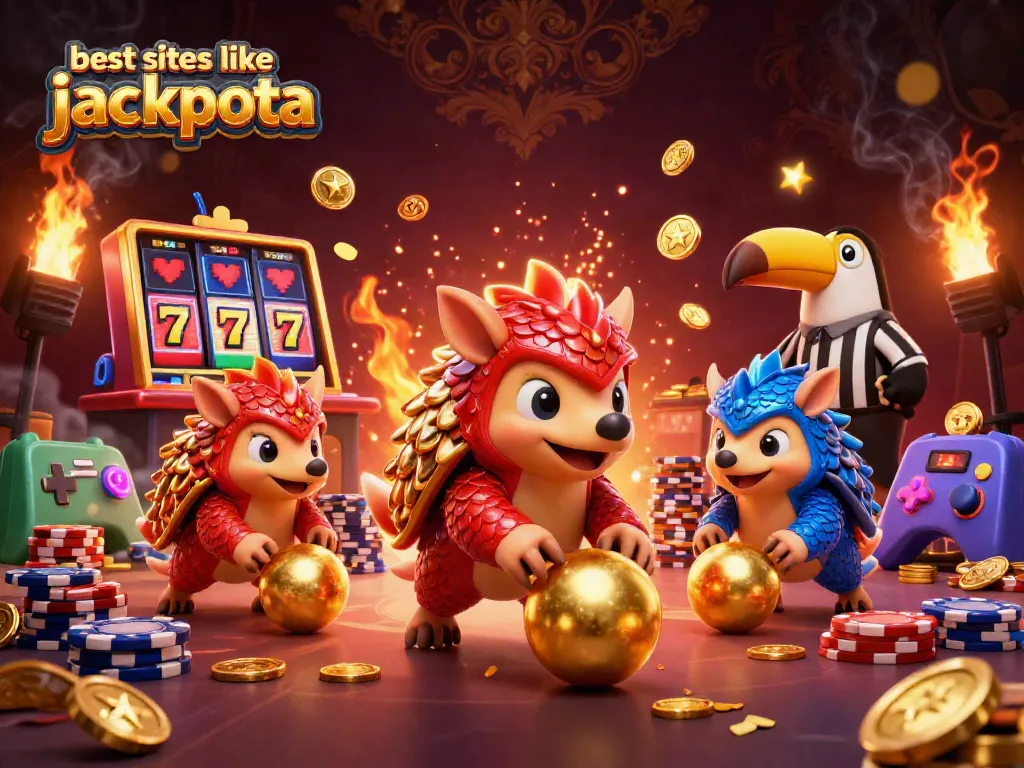 Engage with the best sites like jackpota featuring fun rival pangolins in a vibrant casino-themed scene.