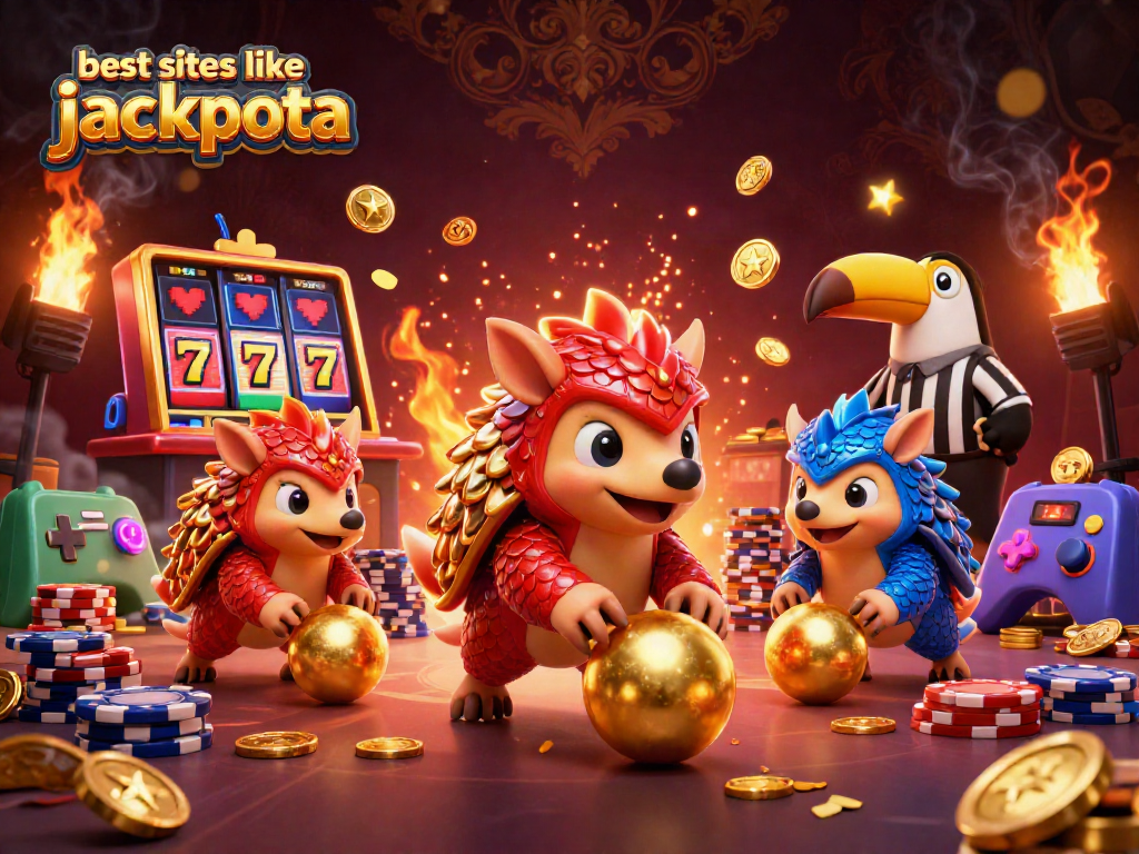 Engage with the best sites like jackpota featuring fun rival pangolins in a vibrant casino-themed scene.