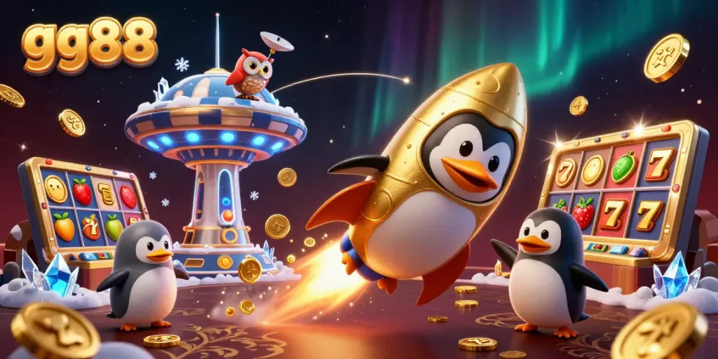 Engage with gg88's vibrant slot action featuring a golden penguin and jackpots in a dynamic casino scene.