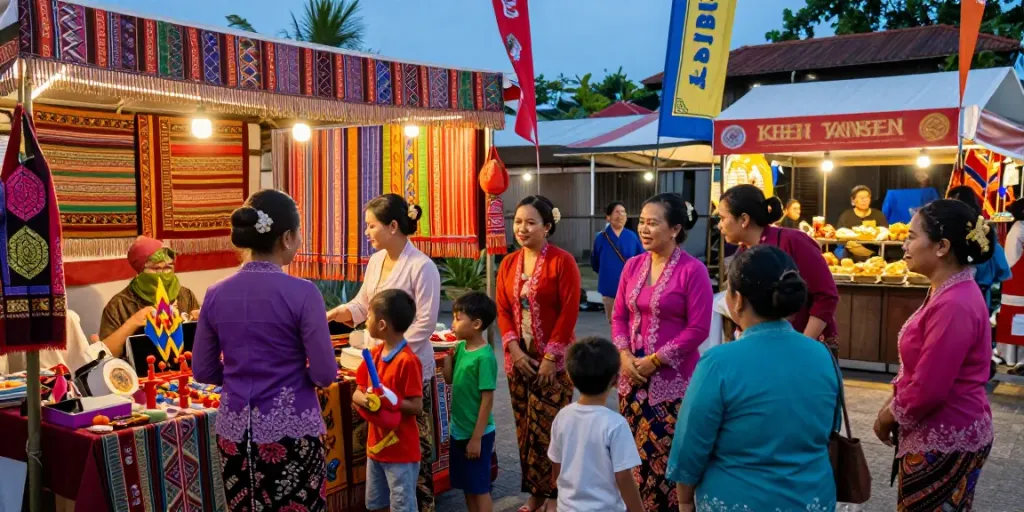 Nyonya 4D cultural festival with diverse attendees in traditional attire surrounded by artisanal crafts and food stalls.